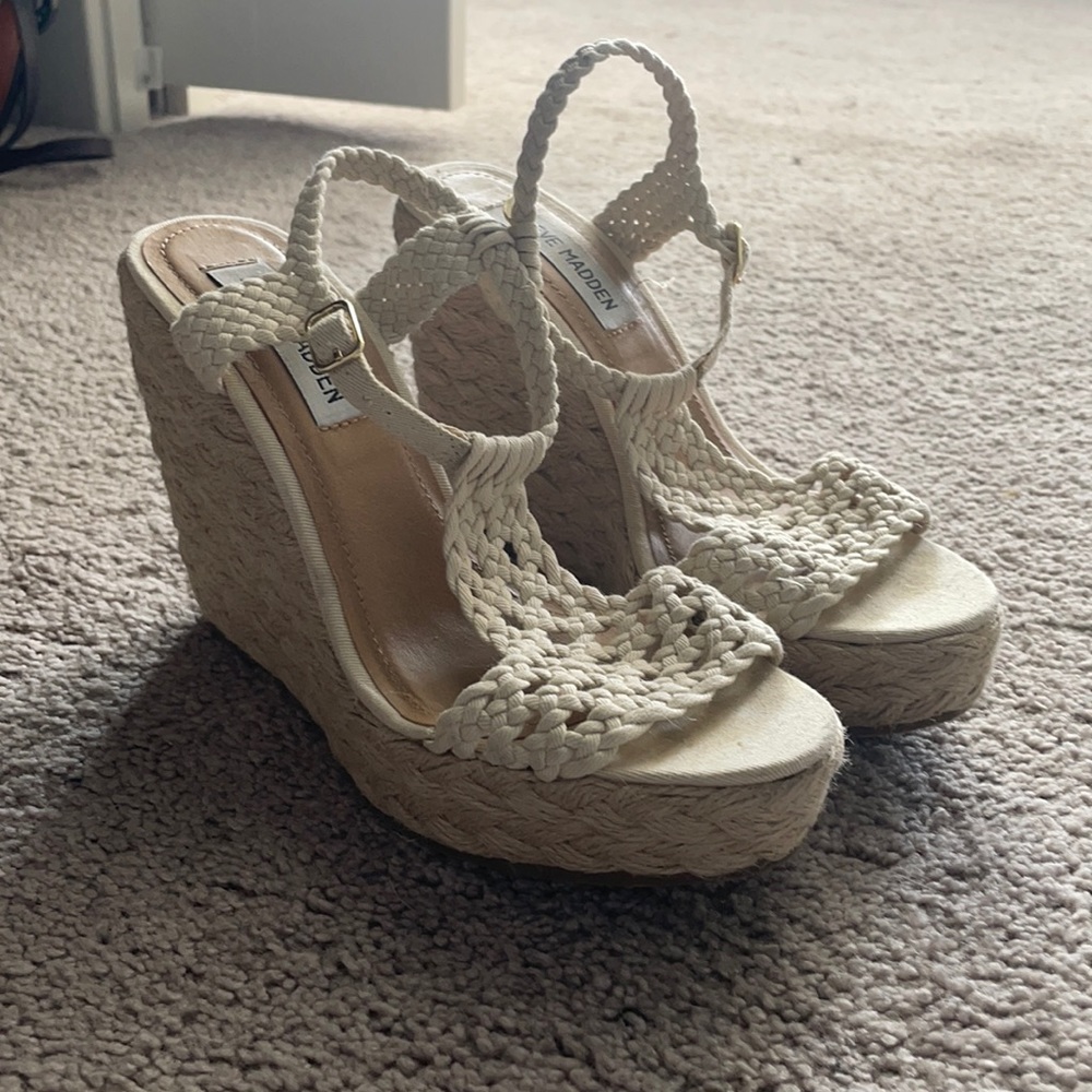 Steve Madden crochet wedge sandals tiny little glue stain on a few spots